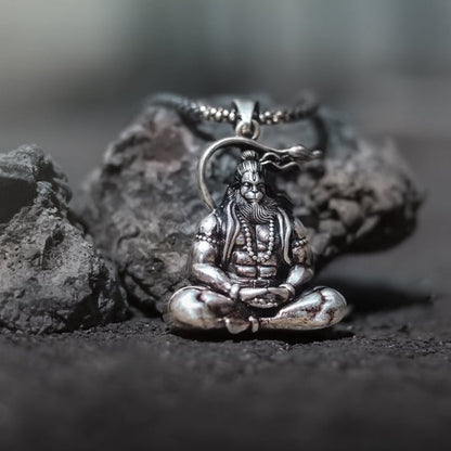 Meditation Hanuman Ji - Hanuman Raksha Kavach Silver Pendant Chain